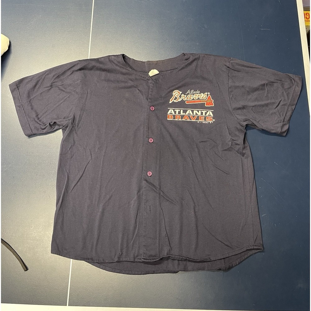 Vintage 1995 Atlanta Braves Blue Button Up Baseball Jersey Size L